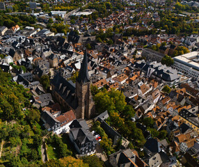 Aerial View of Historic European Town with Church Tower