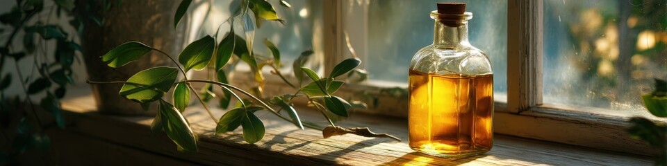 Glass bottle of olive oil and an olive branch on a sunlit rustic windowsill.