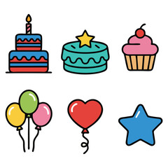 Vibrant Celebration Icon Set | Birthday Cakes, Heart Balloon & Star Vector Graphics for Events & Apps