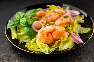 Shrimp salad seafood tasty snack fresh delicious gourmet food background on the table rustic top view copy space keto and paleo diet vegetarian food pescetarian diet