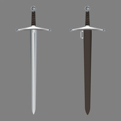Medieval sword with scabbard. Unsheathed and sheathed vector sword illustration