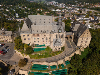 Aerial View of Historic Castle and Cityscape