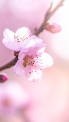 Delicate pink cherry blossoms blooming on a branch in soft sunlight.