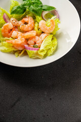 Shrimp salad seafood tasty snack fresh delicious gourmet food background on the table rustic top view copy space keto and paleo diet vegetarian food pescetarian diet