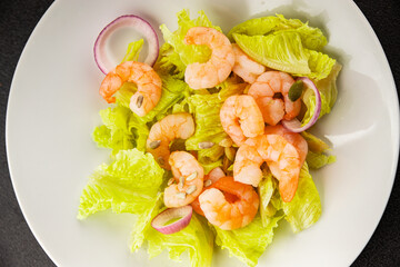 Shrimp salad seafood tasty snack fresh delicious gourmet food background on the table rustic top view copy space keto and paleo diet vegetarian food pescetarian diet