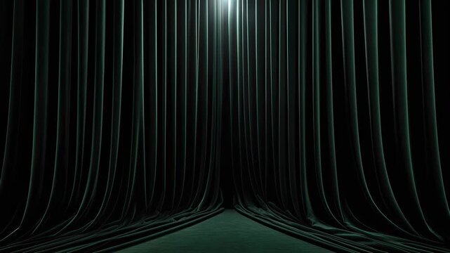 Grand proscenium curtains parted to a mysterious dark stage, moody cinematic space perfect for announcements, brand storytelling, elegant ceremonies and cultural events in timeless style