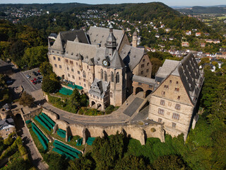 Aerial View of Historic Castle and Cityscape
