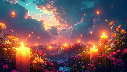 All Souls Day: Glowing Candles and Floral Arrangements Under a Cosmic, Cloud-Filled Sky. Digital Painting, Spiritual Background