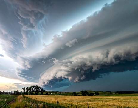 Epic view of ominous storm clouds rolling over a golden wheat field. A dirt road leads towards the approaching weather