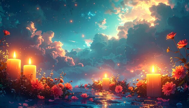 Dreamy Digital Art for All Souls Day: Glowing Candles and Flowers Under a Magical Sunset Sky. Spiritual Remembrance and Peace