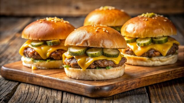 Classic sliders with melted cheddar on wooden board, delicious burgers with cheese and pickles. Preparation classic sliders includes fresh buns and juicy ingredients like meat and cheese. - Powered by Adobe