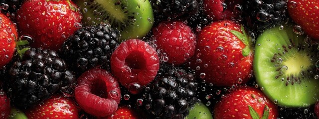 Fototapeta premium Medley of Fresh Berries (Strawberry, Blackberry, Raspberry) and Kiwi with Water Drops