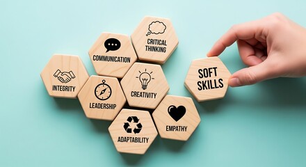 Hand placing a wooden hexagon block labeled 'Soft Skills' among other key attributes like communication, creativity, and leadership on a teal background.
