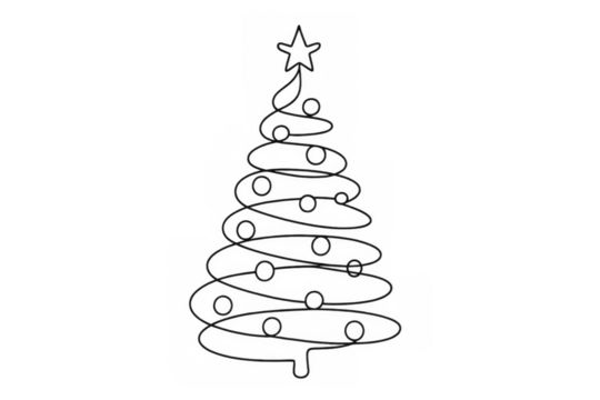 Christmas tree drawing with star and ornaments, minimalist line art, holiday celebration design element, transparent background