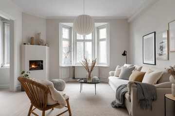 Fototapeta premium Cozy Scandinavian living room minimalist design soft