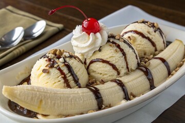 A delicious banana split with vanilla ice cream and chocolate sauce