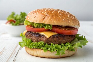 Delicious cheeseburger with fresh ingredients on a white wooden surface