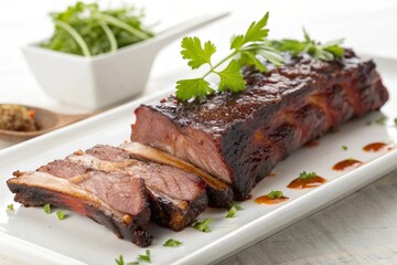 Delicious glazed pork ribs served with fresh herbs and savory sauce