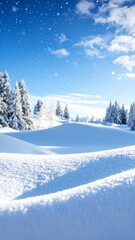Pristine White Snowscape with Evergreen Trees Under a Blue Sky.