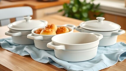 Four white ceramic casserole dishes on a wooden table with blue cloth