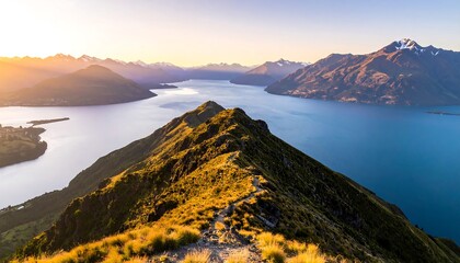 Dramatic mountain ridge trail at sunrise overlooking a vast lake and snow-capped peaks. The golden light bathes the scene