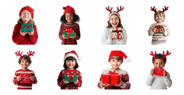 PNG Children joyfully holding gifts, element set on transparent background