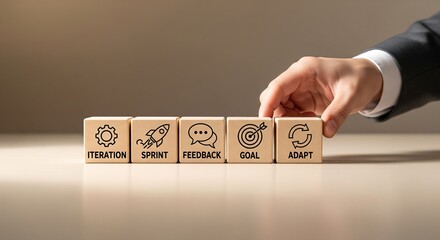 Businessman's hand arranging wooden blocks with icons representing agile project management principles like iteration, sprint, and feedback.