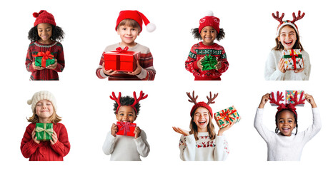 PNG Joyful children holding festive gifts, element set on transparent background