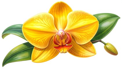 Digitally rendered image of a vibrant yellow orchid blossom. The flower has detailed petals, surrounded by green leaves