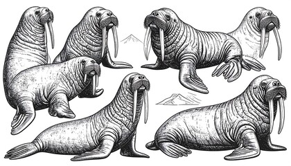 Detailed Monochrome Illustration Seven Walruses