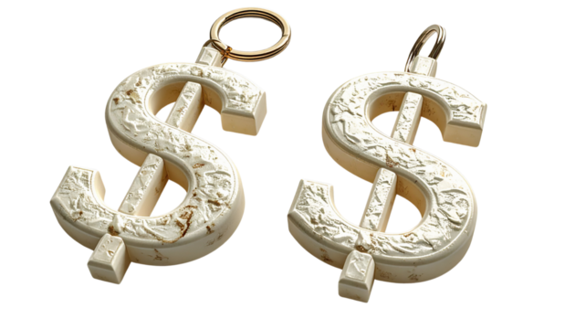 Cream dollar sign keychain with textured surface isolated on transparent background