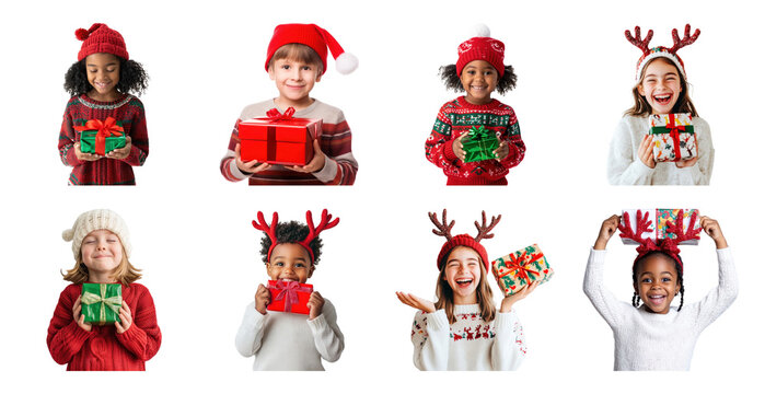 PNG Joyful children holding festive gifts, element set on transparent background