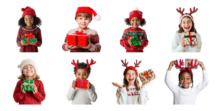 PNG Joyful children holding festive gifts, element set on transparent background