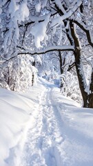 Serene winter wonderland scene with a snowy forest path.