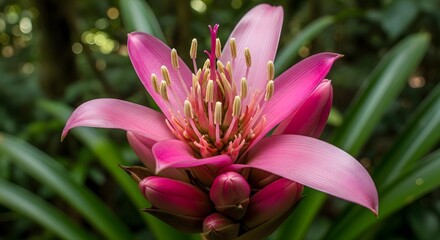 Fototapeta premium Vibrant pink bromeliad flower with lush green foliage background