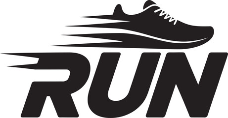 Dynamic running shoe silhouette with speed lines integrated with bold run text