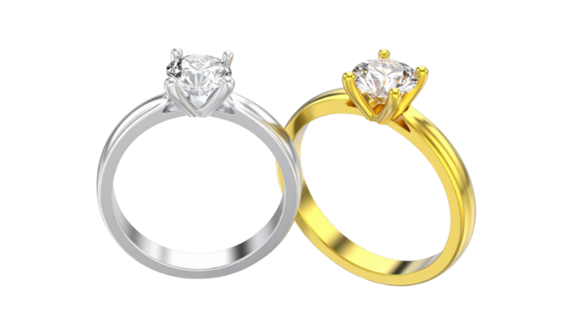 3D Diamond Engagement Ring Pair in Gold and Silver isolated on transparent background - Powered by Adobe