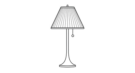 A minimalistic black and white line art drawing of a classic lamp featuring a pleated shade and pull chain, representing household lighting.