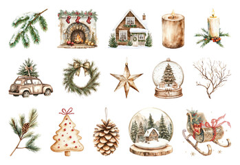 PNG Rustic Christmas holiday decorations illustration, element set on transparent background