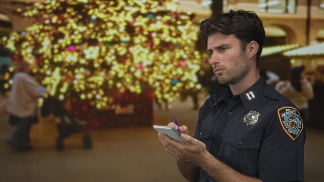 Man officer writing notepad with pen on street beside large illuminated holiday tree at evening crowd scene; duty vigilance.
