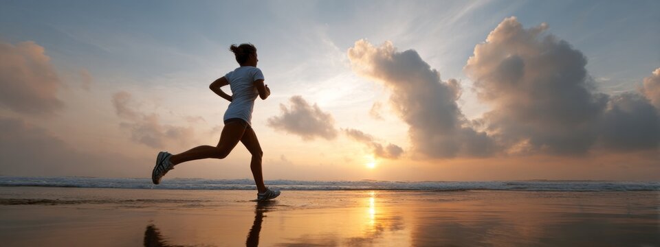 A woman runs along the shoreline, her feet splashing gently in the water. The sun rises, casting a warm glow over the sea. The sky is filled with soft clouds, creating a serene atmosphere