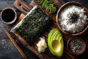 Top-down view of Japanese sushi-making ingredients: a sheet of nori, seasoned rice with sesame seeds, a sliced avocado, and a small dish of soy sauce.