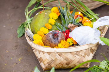 Holy offerings for hindu sun god at chhath festival with fruits. Chhath Puja is a significant Hindu festival primarily observed in the Indian states of Bihar, Jharkhand, Uttar Pradesh and Nepal.