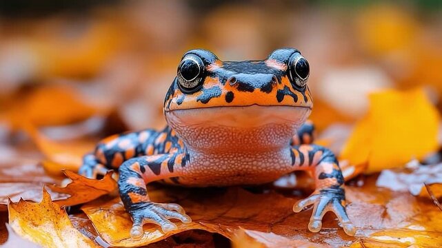 Vibrant amphibian rests on a bed of autumn leaves, highlighting its striking patterns and textures, camera zooms in for a closer look