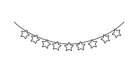 Minimalist black and white line art illustration of a festive garland made of outline stars, curving gently on a clean white background.
