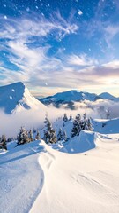 Majestic winter mountain landscape with fresh snowfall at sunrise.