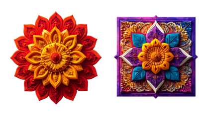  3D Diwali Rangoli Set with Floral and Geometric Patterns isolated on transparent background