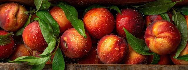 Close-up, overhead view of freshly picked dewy peaches with leaves in a wooden crate
