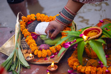 Holy offerings for hindu sun god at chhath festival with fruits. Chhath Puja is a significant Hindu festival primarily observed in the Indian states of Bihar, Jharkhand, Uttar Pradesh and Nepal.