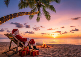 Santa Claus relaxing on a tropical beach at sunset with gifts and a campfire under a lit palm tree